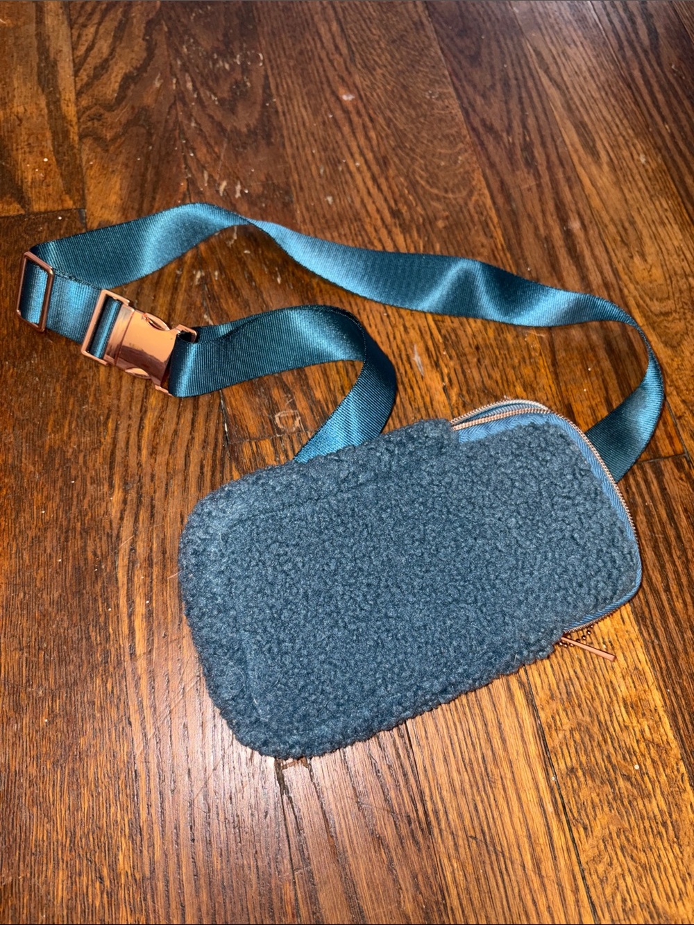 Mytagalong Faux Shearling Belt Bag with Teal Strap Rose Gold Hardware